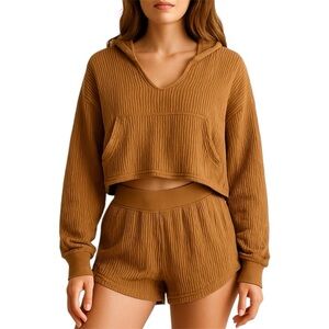 Free People Movement Crinkle Knit Lounge SET in Warm Honey Coastal Boho Size M